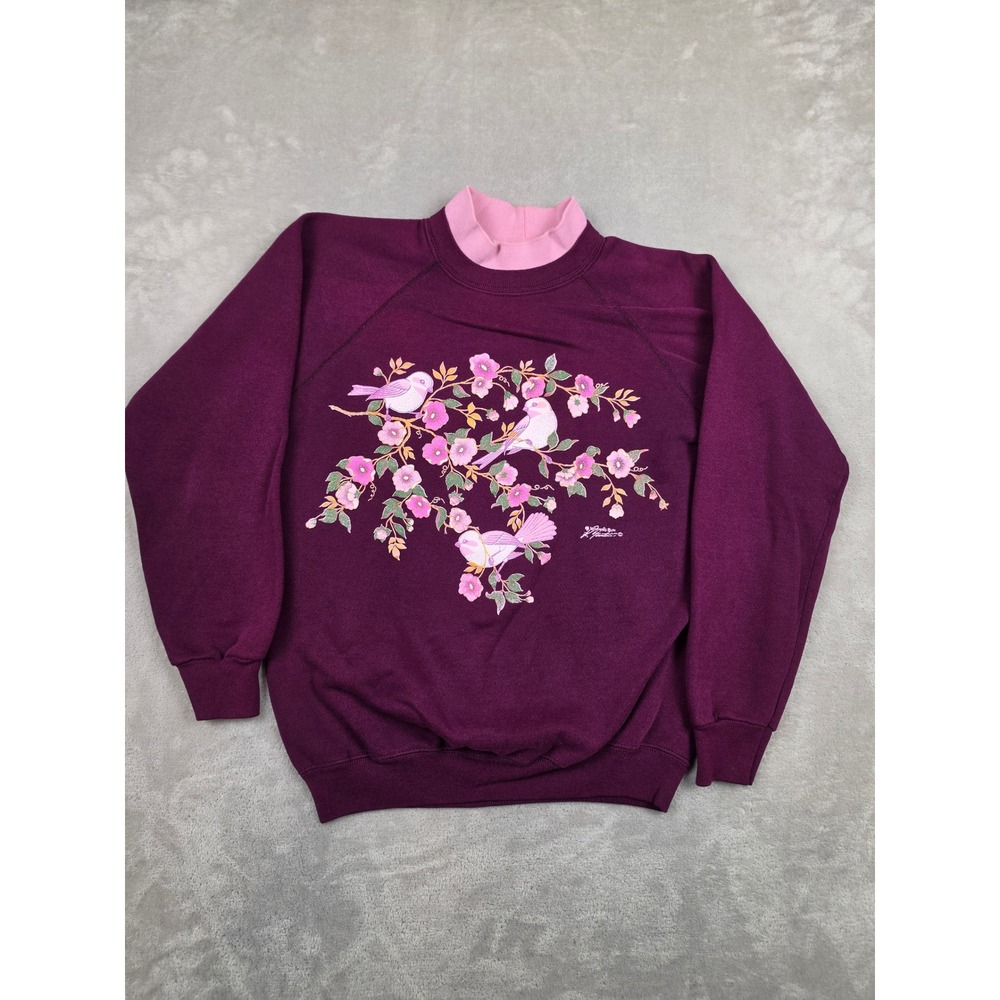 Vintage Hanes Sweatshirt Womens M Purple Bird Floral Made in USA Cottagecore